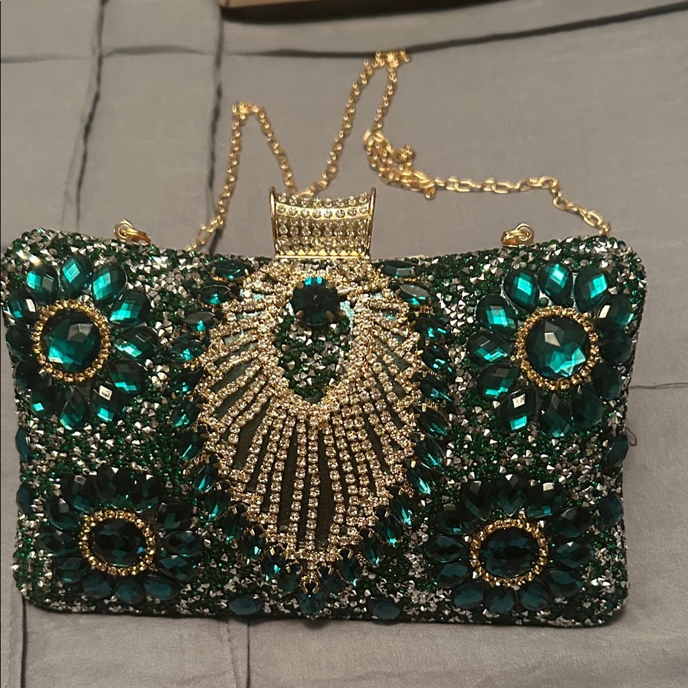 Elegant Green and Gold Embellished Clutch